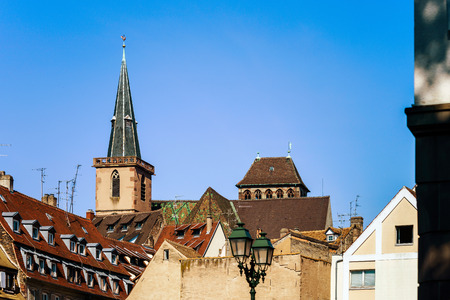 Sunny day on the street of old center, Strasbourg, touristic conceptの写真素材