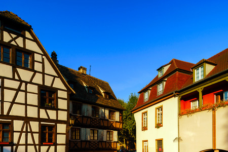 Classic colorized timber-framed alsacien houses in the street of Little France, Strasbourg, touristic conceptの写真素材