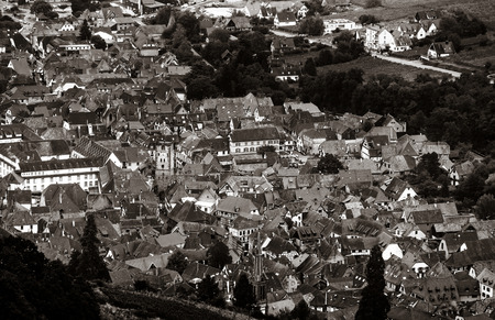 Aerial panoramic tilt-shift view to village Ribeauville from drone, Alsace, France