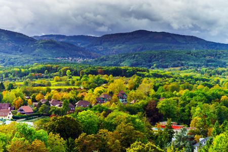 Autumn colors of the trees, overview to the valley, Alsaceの写真素材
