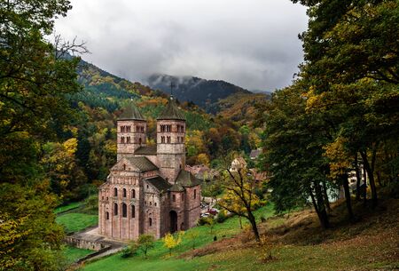 Old medieval abbey in Murbach, Alsace, autumn colors, Franceの写真素材