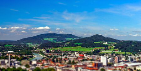 Tilt-shift aerial view to Salzburg, miniature effect, Austriaの写真素材