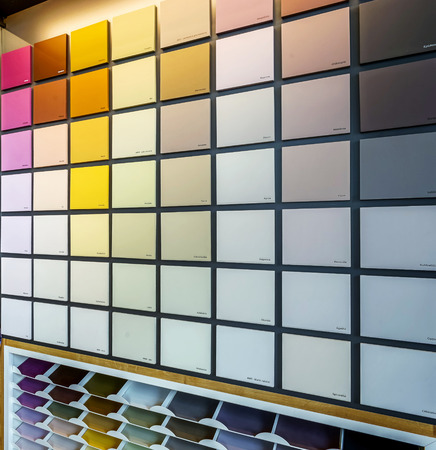 Beautiful wall with color samples in painting shop, constructing materialsの写真素材