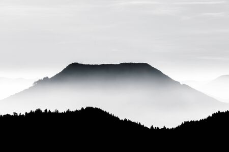 Aerial view of foggy mountains relief, Vosges, Alsace, Franceの写真素材
