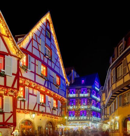 Wonderful Christmas highlighting in Colmar, Alsace, France. Street and houses decorationのeditorial素材
