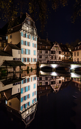 Old center of Strasbourg night street view, Franceの写真素材