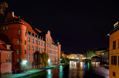 Old center of Strasbourg night street view, Franceの写真素材