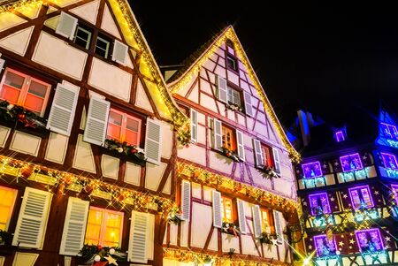 Wonderful Christmas highlighting in Colmar, Alsace, France. Street and houses decorationのeditorial素材