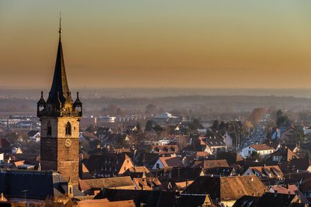 Obernai aerial view on winter sunset, Alsace, Franceの写真素材
