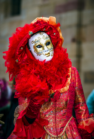 4 March 2017: Rosheim, France: Venetian Carnival Mask - most beautiful masks photographed in open streetのeditorial素材