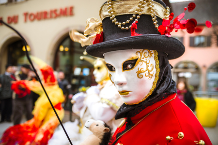 4 March 2017: Rosheim, France: Venetian Carnival Mask - most beautiful masks photographed in open streetのeditorial素材