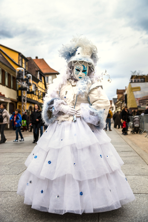 4 March 2017: Rosheim, France: Venetian Carnival Mask - most beautiful masks photographed in open streetのeditorial素材