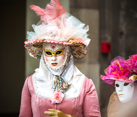 4 March 2017: Rosheim, France: Venetian Carnival Mask - most beautiful masks photographed in open streetのeditorial素材