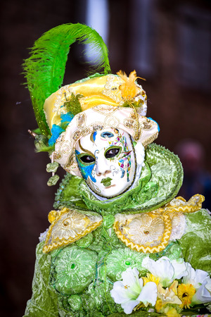 4 March 2017: Rosheim, France: Venetian Carnival Mask - most beautiful masks photographed in open streetのeditorial素材