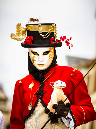 4 March 2017: Rosheim, France: Venetian Carnival Mask - most beautiful masks photographed in open streetのeditorial素材