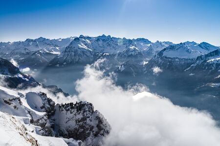 Panoramic aerial view to Luzern lake from high peak, Switzerland
