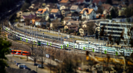 Miniature aerial view of big railway station, Thun, Switzerlandのeditorial素材