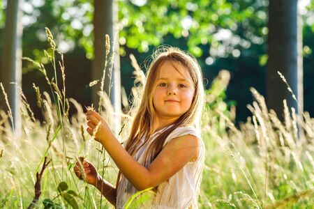 Cute little preschooler girl portrait in sunset forest with warm evening lightの写真素材