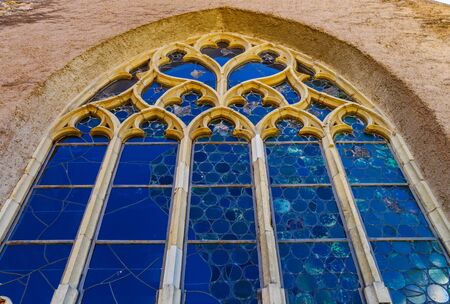 Old medieval colorful leaded-pane windows in gothic style, France, Alsace, Andlauのeditorial素材