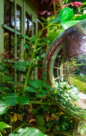 Garden decoration, mirror balls  with reflections, summerの写真素材