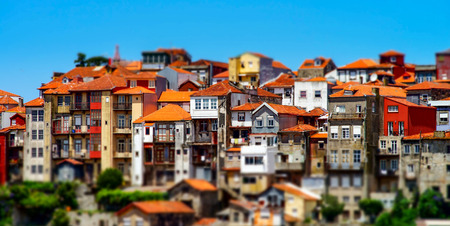 Colorful miniature tilt-shift view of old historical city center, Porto, Portugalの写真素材
