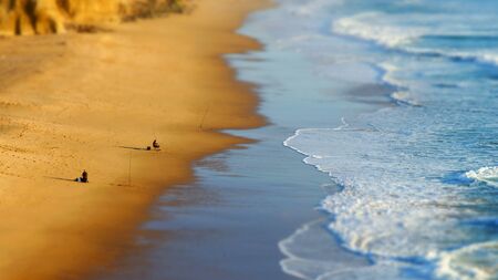 Vivid yellow sand and rocks on coastline, Portugal, aerial viewの写真素材