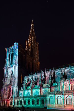 Beautiful colors of highlighted Notre Dame Cathedral in Strasbourg, Alsace, Franceのeditorial素材