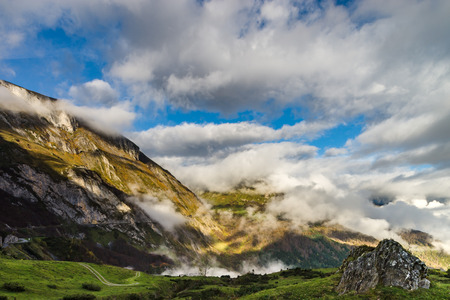 Pyrenee mountains sunrise view with beautiful sun and shadows, Franceの写真素材