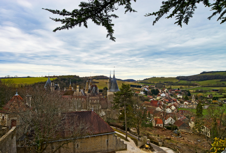 Old medieval Rochepot castle in Burgundy, spring day, Franceのeditorial素材