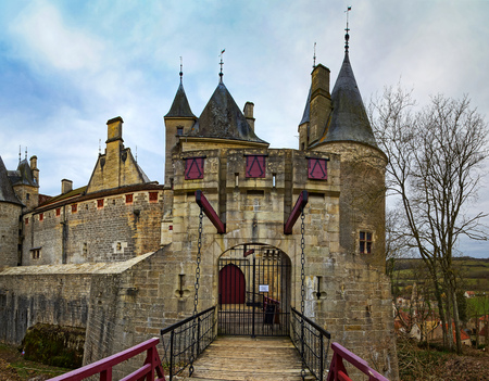 Old medieval Rochepot castle in Burgundy, spring day, Franceのeditorial素材