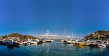 Editorial: 8th October 2017: Porto Ercole, Italy. Landscape seaside harbor panoramic view, sunny dayのeditorial素材