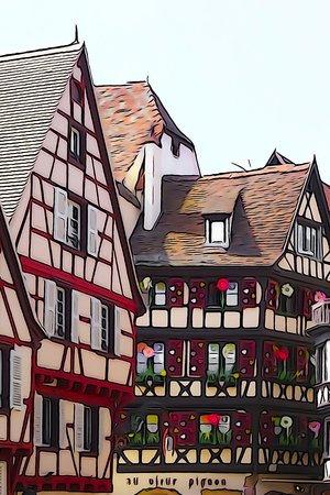 Traditional old french city street view with watercolored and outlined filtering, Colmar, Alsace, Franceのeditorial素材