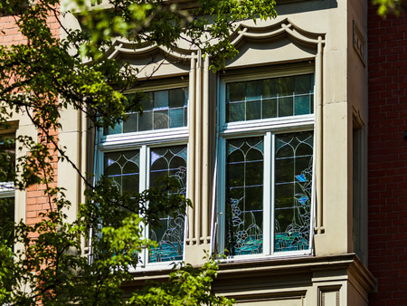 Beautiful old windows with colorful glasses, leaded-pane for home