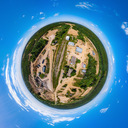Little planet panoramic aerial view from drone to sand pit, Russiaの写真素材