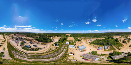 360-degree panoramic aerial view from drone to sand pit, Russia
