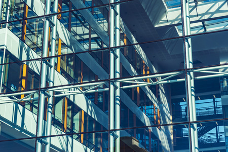 Glass transparent wall of modern building, perspective view, Strasbourg