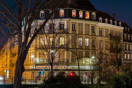 Beautiful old house in Strasbourg, highlighted at night. France.の写真素材