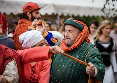Editorial: 9th June 2019: Chatenois, France. Fancy-dress medieval carnival under fortress walls in Alsace.のeditorial素材