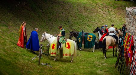Editorial: 9th June 2019: Chatenois, France. Fancy-dress medieval carnival under fortress walls in...