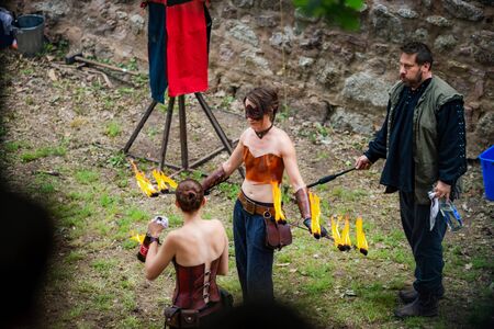 Editorial: 9th June 2019: Chatenois, France. Fancy-dress medieval carnival under fortress walls in Alsace.のeditorial素材