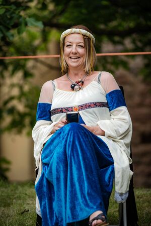 Editorial: 9th June 2019: Chatenois, France. Fancy-dress medieval carnival under fortress walls in Alsace.のeditorial素材