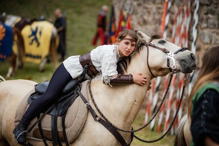 Editorial: 9th June 2019: Chatenois, France. Fancy-dress medieval carnival under fortress walls in Alsace.のeditorial素材