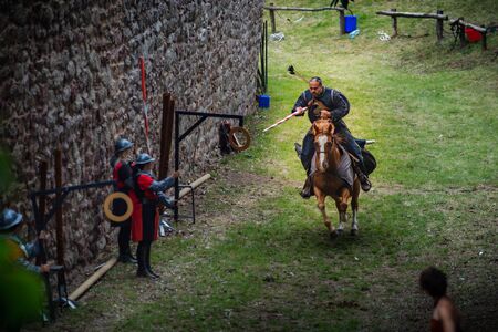 Editorial: 9th June 2019: Chatenois, France. Fancy-dress medieval carnival under fortress walls in Alsace.のeditorial素材