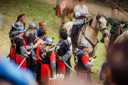 Editorial: 9th June 2019: Chatenois, France. Fancy-dress medieval carnival under fortress walls in Alsace.のeditorial素材