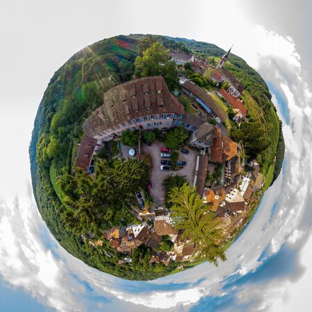 Little planet spherical view of little village Andlau, Alsace, France