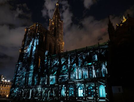 Laser lighting show on the walls of Cathedral Notre Dame de Strasbourg, Franceの写真素材