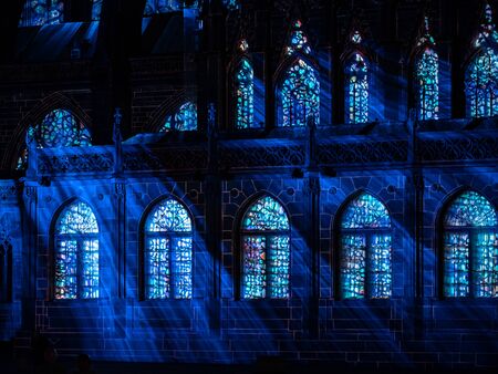 Laser lighting show on the walls of Cathedral Notre Dame de Strasbourg, Franceの写真素材