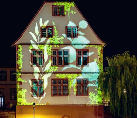 Colorful night street view of Styrasbourg. Highlighted buildings. Comfortable place. Franceの写真素材