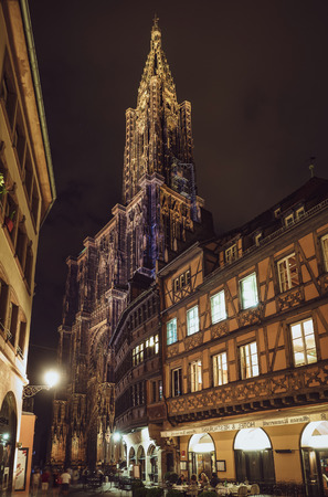 Colorful night street view of Styrasbourg. Highlighted buildings. Comfortable place. Franceのeditorial素材
