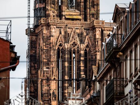 Details of the Strasbourg Cathedral. Architectural and sculptural elements of the facade and tower....